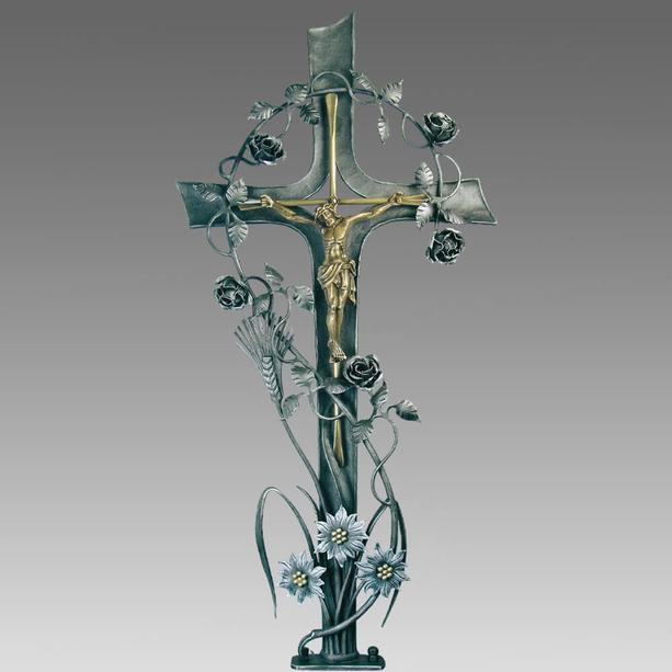Schmiedeeisen Grabkreuz mit Jesus, Blumen und Kornhre - Nakoma
