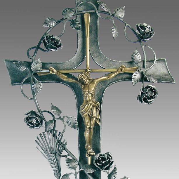 Schmiedeeisen Grabkreuz mit Jesus, Blumen und Kornhre - Nakoma