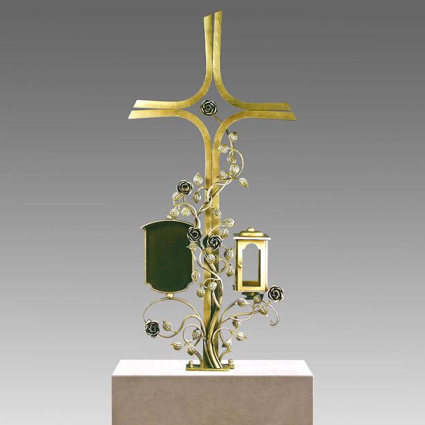 Metall Grabkreuz mit Rosenranke, Laterne und Schrifttafel - Taziano