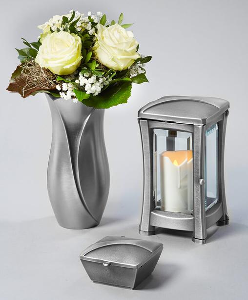 Bauchige Blumenvase fr Grabmale mit Einsatz - Elenore / Aluminium grau