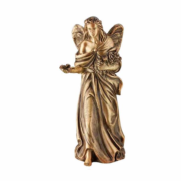 Stehende Engel Bronze Figur mit Rosen - Engel Rosa / Bronze Patina wei