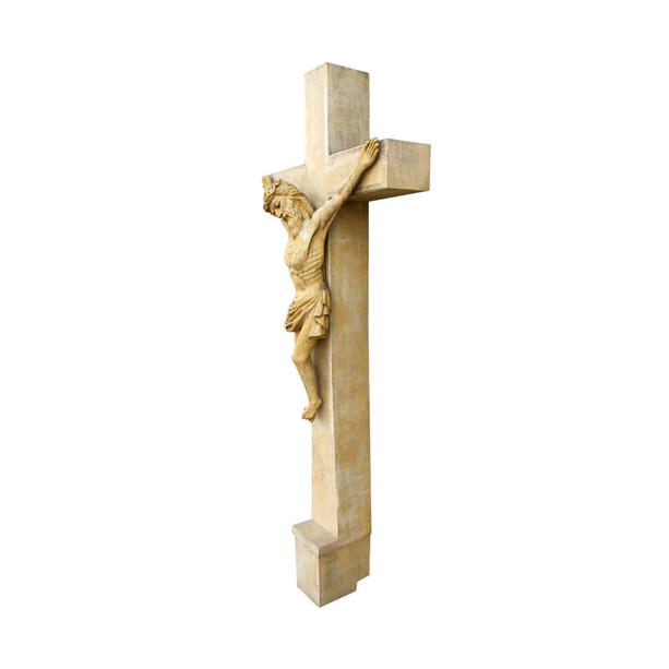 Grabkreuz aus Steinguss mit Jesus und Maria - Jesus Cruzifix / Portland wei