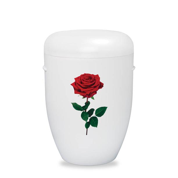 Weiße Naturstoff Urne mit Rosen Motiv - Rose