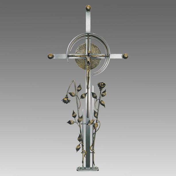 Grabkreuz aus Edelstahl & Bronze mit Rosen & Jesus - Rosario