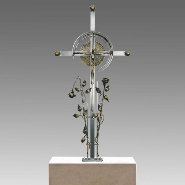 Grabkreuz aus Edelstahl & Bronze mit Rosen & Jesus - Rosario