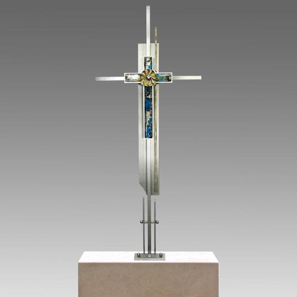 Exklusives Grabkreuz - Edelstahl & Bronze - mit Glas Kreuz - Auro