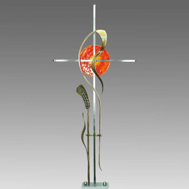 Modernes Grabkreuz mit Ähre - Edelstahl, Bronze & Glas - Horas