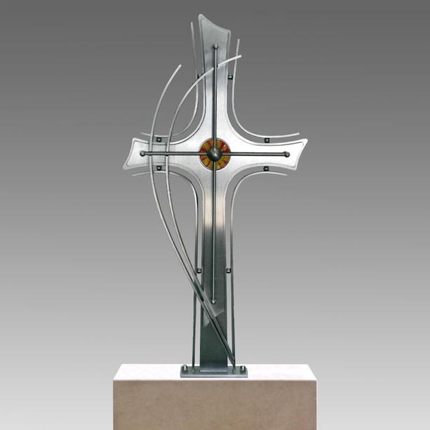 Modernes Grabkreuz aus Edelstahl mit Glas - Amari