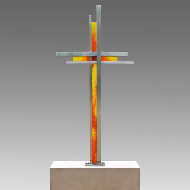 Edelstahl Grabkreuz mit Glas Kreuz in rot & gelb - Corpore