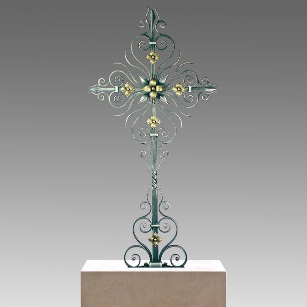Grabkreuz aus Schmiedeeisen mit Bronze Blüten - Elia