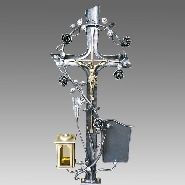 Schmiedeeisen Grabkreuz mit Rosenranke, Jesus & Grablaterne - Zelindo