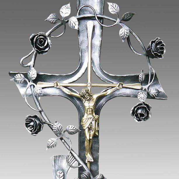 Schmiedeeisen Grabkreuz mit Rosenranke, Jesus & Grablaterne - Zelindo