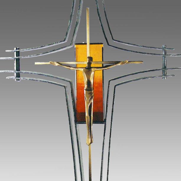 Modernes Grabkreuz aus Schmiedeeisen mit Jesus & Glas - Zenaida