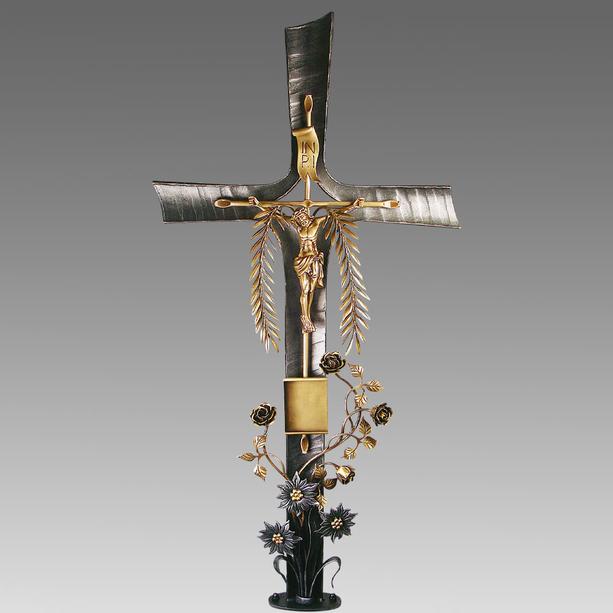 Exklusives Schmiedeeisen Grabkreuz mit Jesus, Rose & Edelweiß - Karita