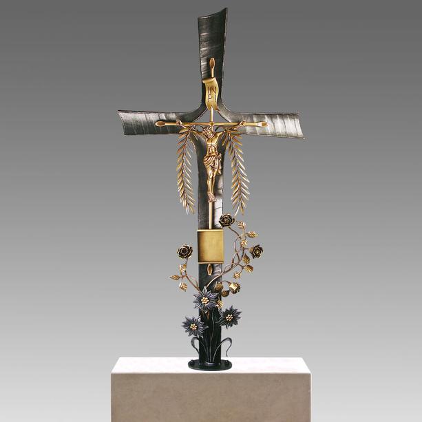 Exklusives Schmiedeeisen Grabkreuz mit Jesus, Rose & Edelweiß - Karita