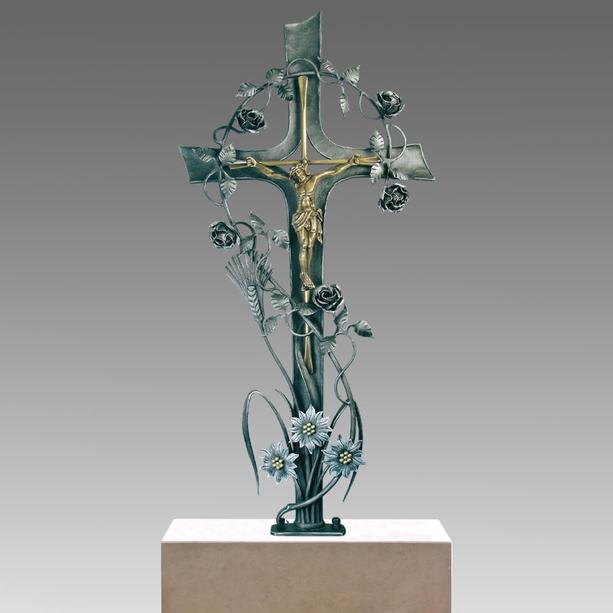 Schmiedeeisen Grabkreuz mit Jesus, Blumen und Kornähre - Nakoma