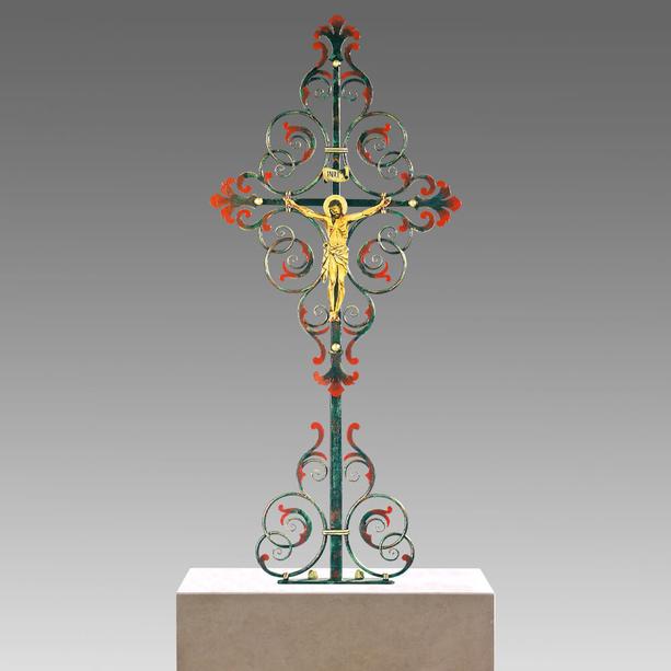 Schmiedeeisen Grabkreuz mit Jesus - antik bemalt - Trifon