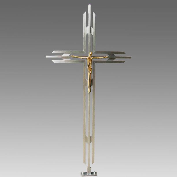 Modernes Edelstahl Grabkreuz mit Schmiedebronze Jesus - Amino