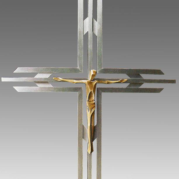 Modernes Edelstahl Grabkreuz mit Schmiedebronze Jesus - Amino