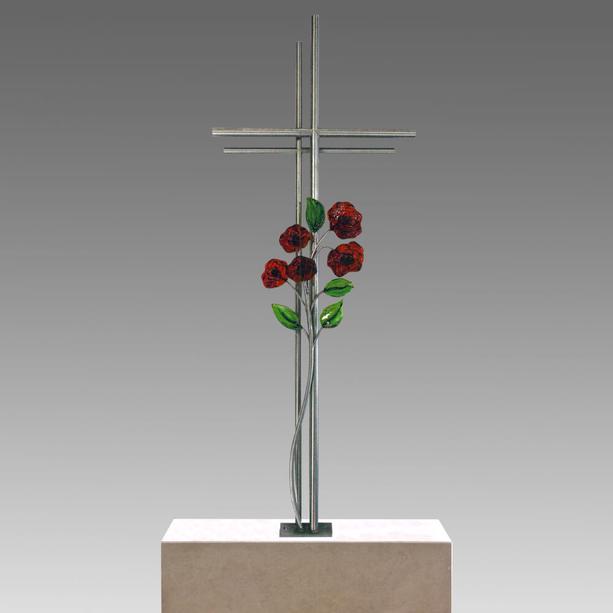 Edelstahl Grabkreuz mit Glas Rosen - Andro