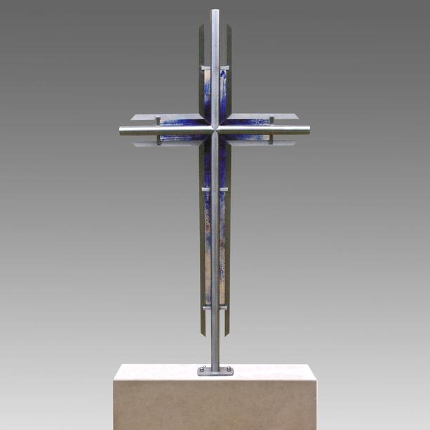 Edelstahl Grabkreuz mit blauem Glas Kreuz - Drasko