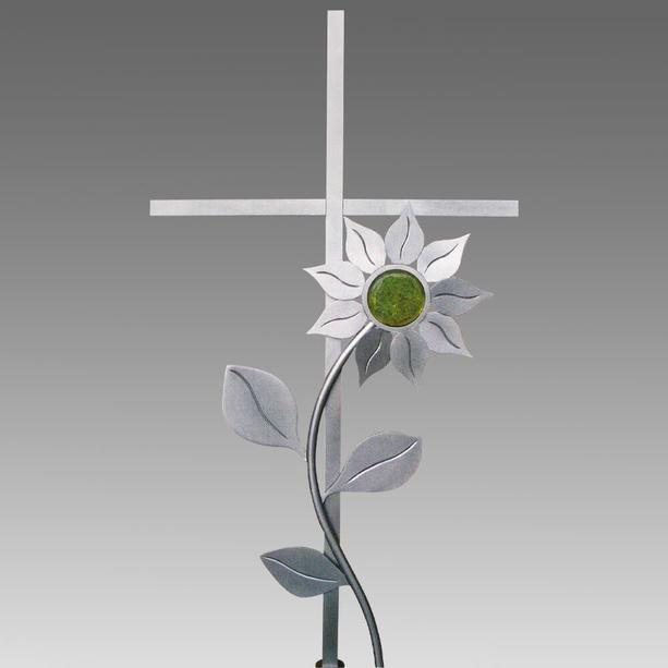 Modernes Edelstahl Grabkreuz mit Sonnenblume - Frano
