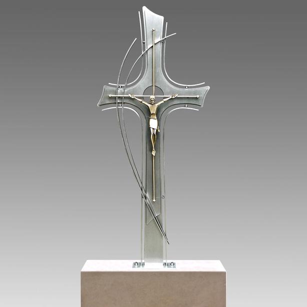 Modernes Edelstahl Grabkreuz mit Bronze Jesus - Tarion