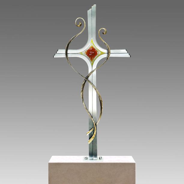 Modernes Edelstahl Grabkreuz mit Bronze & Glas - Speculo