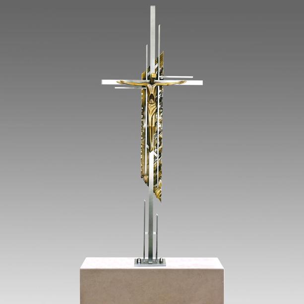 Modernes Grabkreuz - Edelstahl & Bronze - mit Christus - Aliquo