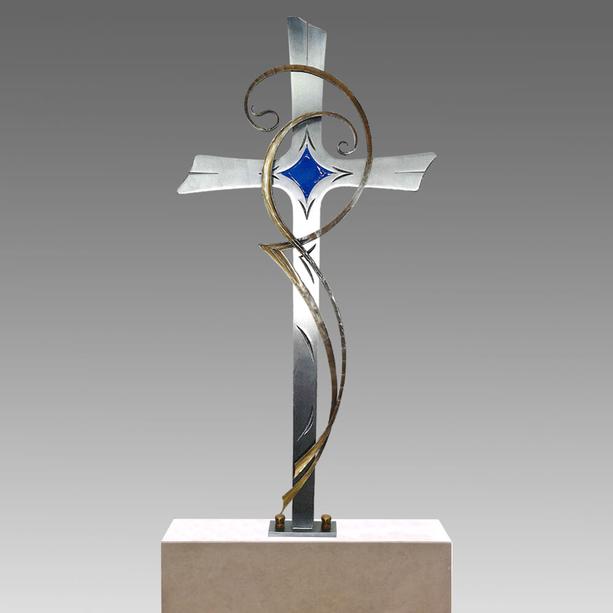 Grabkreuz modern - Edelstahl & Bronze - blauer Glaseinsatz - Fidas
