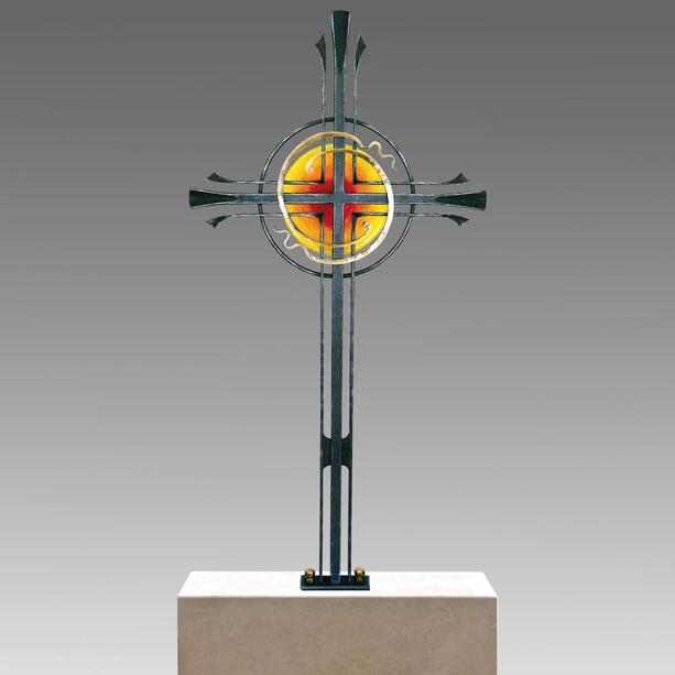 Schmiedeeisen Grabkreuz mit Bronze & Glas - Pallium