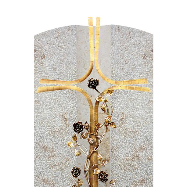 Doppelgrabstein mit Bronze Grabkreuz Rosenranke modern - Crociato Rosa