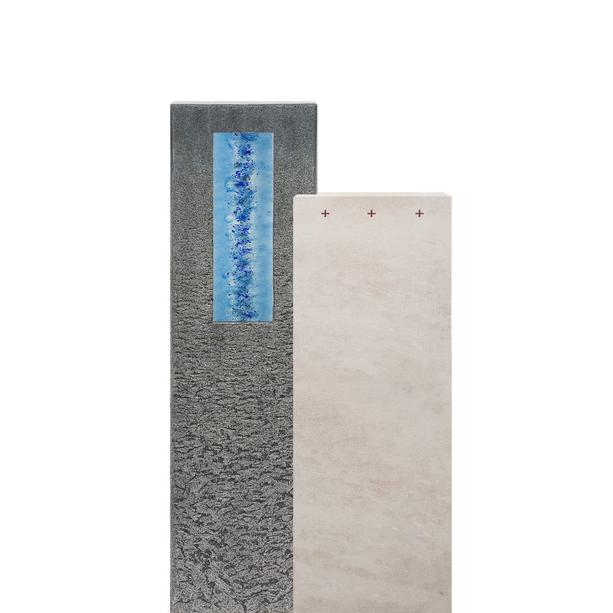 Kalkstein & Granit Grabmal mit Glasornament blau - Doppelgrab - Casato Aqua