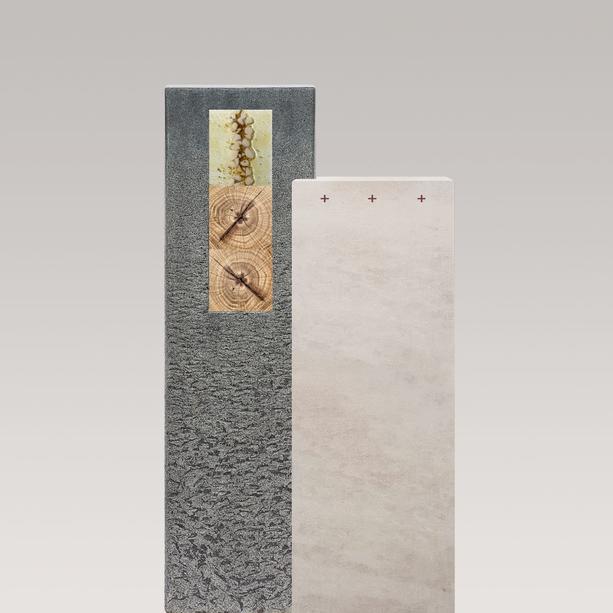 Kalkstein & Granit Grabmal mit Glas & Holzornament - Einzelgrab - Casato Colore
