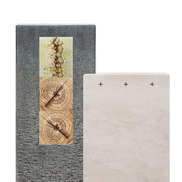 Kalkstein & Granit Grabmal mit Glas & Holzornament - Doppelgrab - Casato Colore