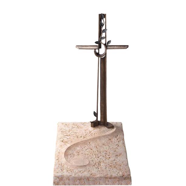 Kalkstein Urnengrab Platte mit Bronze Kreuz - Edera