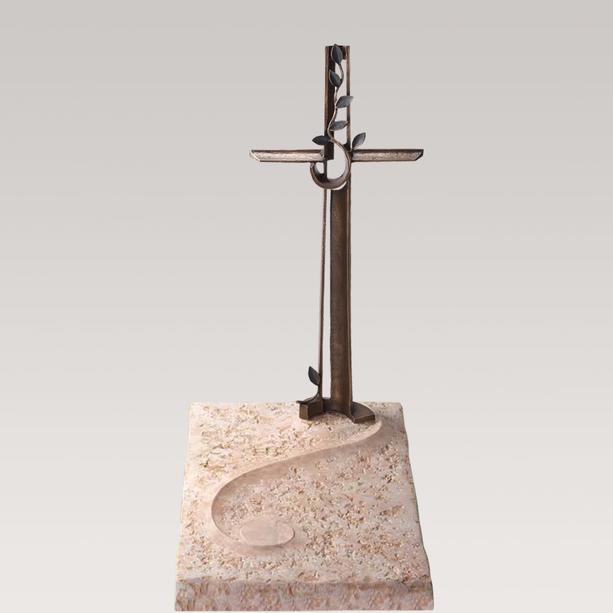 Kalkstein Urnengrab Platte mit Bronze Kreuz - Edera