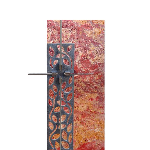 Urnengrabstein roter Travertin mit Bronze Kreuz Ornament - Rosso Singolo
