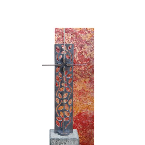Einzelgrabstein roter Travertin mit Bronze Kreuz Ornament - Rosso Singolo