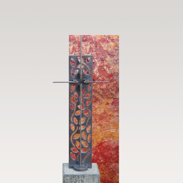 Doppelgrabstein roter Travertin mit Bronze Kreuz Ornament - Rosso Singolo