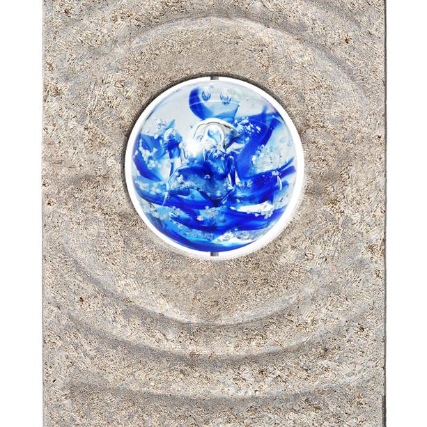 Muschelkalk Urnengrabstein mit Glas Kugel blau - Levanto Aqua