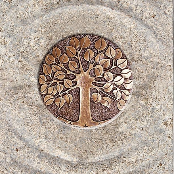 Muschelkalk Urnengrabstein mit Bronze Platte & Lebensbaum - Levanto Viva