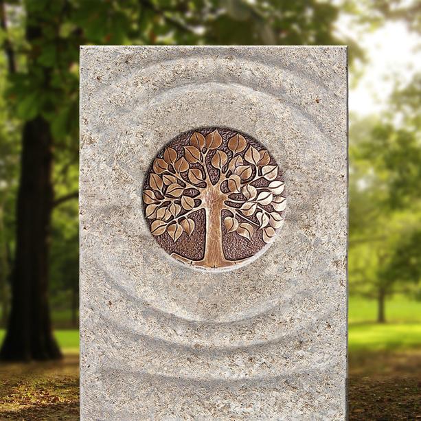 Muschelkalk Doppelgrabstein mit Bronze Platte & Lebensbaum - Levanto Viva