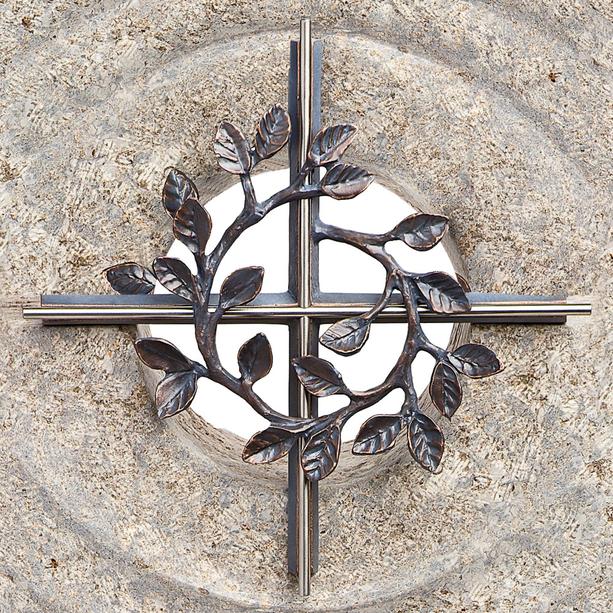 Muschelkalk Urnengrabstein zweiteilig hell/dunkel mit Bronze Kreuz - Sovello Spiritus