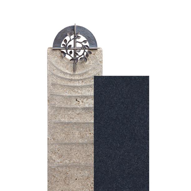 Muschelkalk Urnengrabmal zweiteilig hell/dunkel mit Bronze Kreuz - Sovello Cruzis