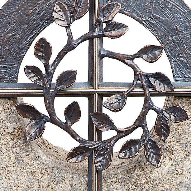 Muschelkalk Doppelgrabmal zweiteilig hell/dunkel mit Bronze Kreuz - Sovello Cruzis
