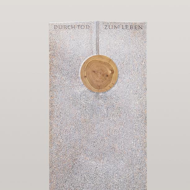 Einzel Grabstein aus Granit New Rosa mit Holz Ornament - Raphael Legno