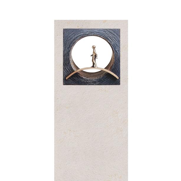 Heller Kalkstein Urnengrabstein mit Bronze Symbol Brücke - Anzio Bianco