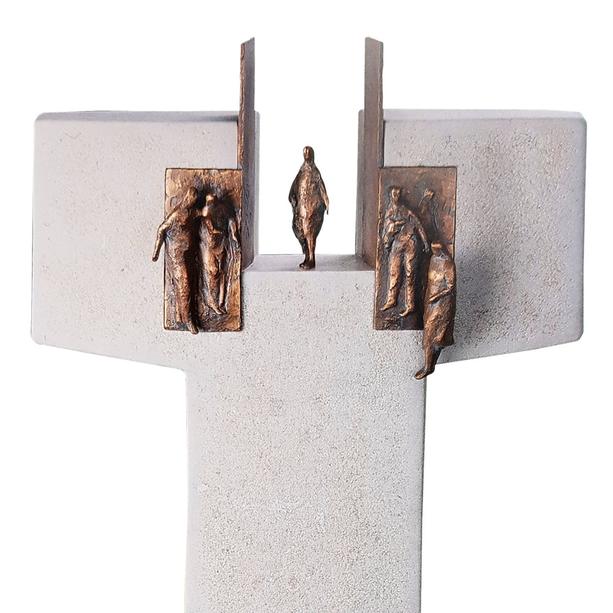 Doppelgrabstein Kalkstein mit Bronze Ornament Tor & Menschen - Amaury