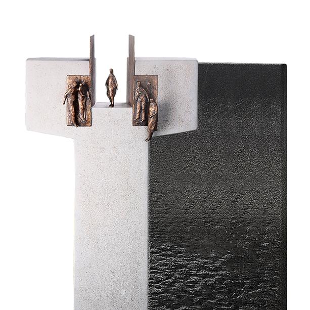 Doppelgrabstein hell/dunkel mit Bronze Symbol Tor & Menschen - Amaury Nero